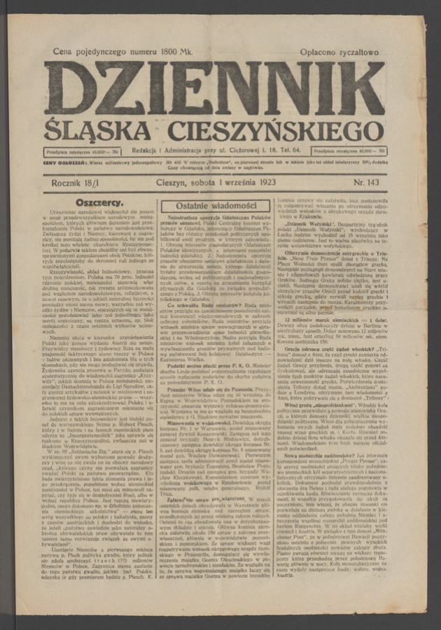 Dziennik Śląska Cieszyńskiego. Rocznik&nbsp;18/1, 1923, numer&nbsp;143