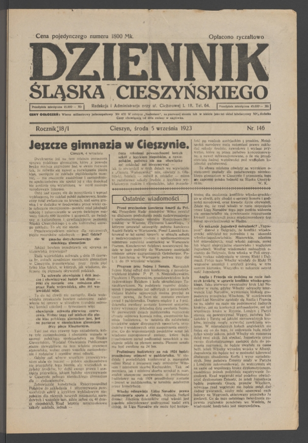 Dziennik Śląska Cieszyńskiego. Rocznik&nbsp;18/1, 1923, numer&nbsp;146