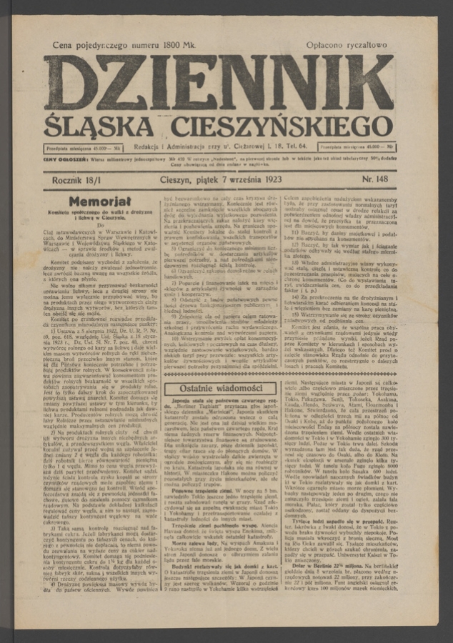 Dziennik Śląska Cieszyńskiego. Rocznik&nbsp;18/1, 1923, numer&nbsp;148