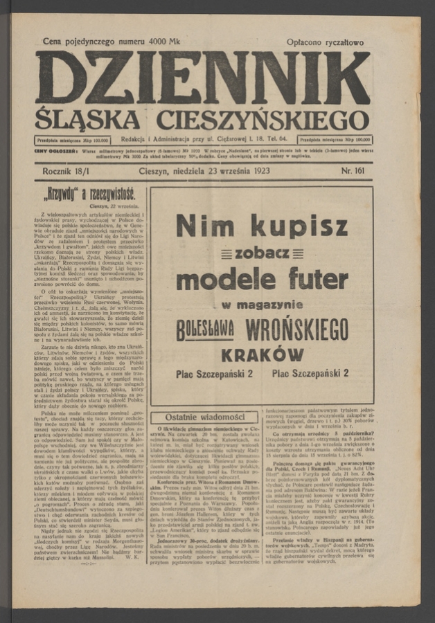 Dziennik Śląska Cieszyńskiego. Rocznik&nbsp;18/1, 1923, numer&nbsp;161