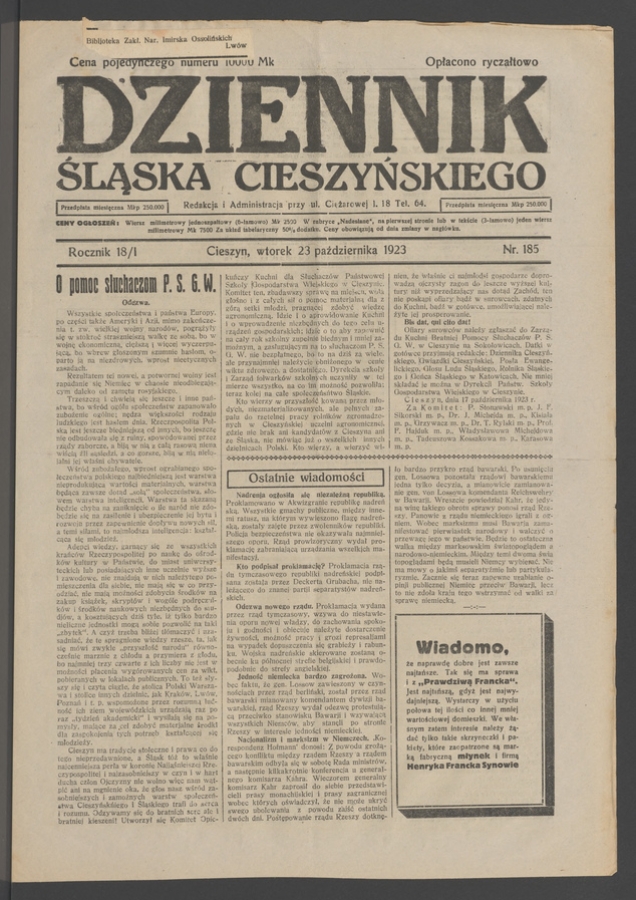 Dziennik Śląska Cieszyńskiego. Rocznik&nbsp;18/1, 1923, numer&nbsp;185