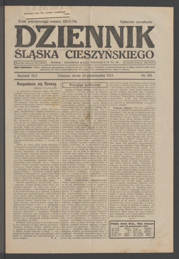 Dziennik Śląska Cieszyńskiego. Rocznik&nbsp;18/1, 1923, numer&nbsp;186