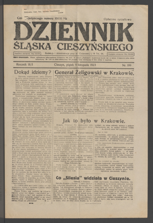 Dziennik Śląska Cieszyńskiego. Rocznik&nbsp;18/1, 1923, numer&nbsp;199