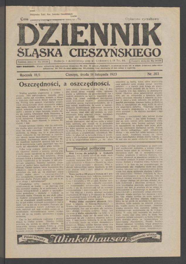 Dziennik Śląska Cieszyńskiego. Rocznik&nbsp;18/1, 1923, numer&nbsp;203