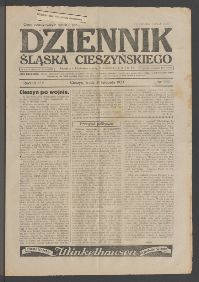 Dziennik Śląska Cieszyńskiego. Rocznik&nbsp;18/1, 1923, numer&nbsp;209