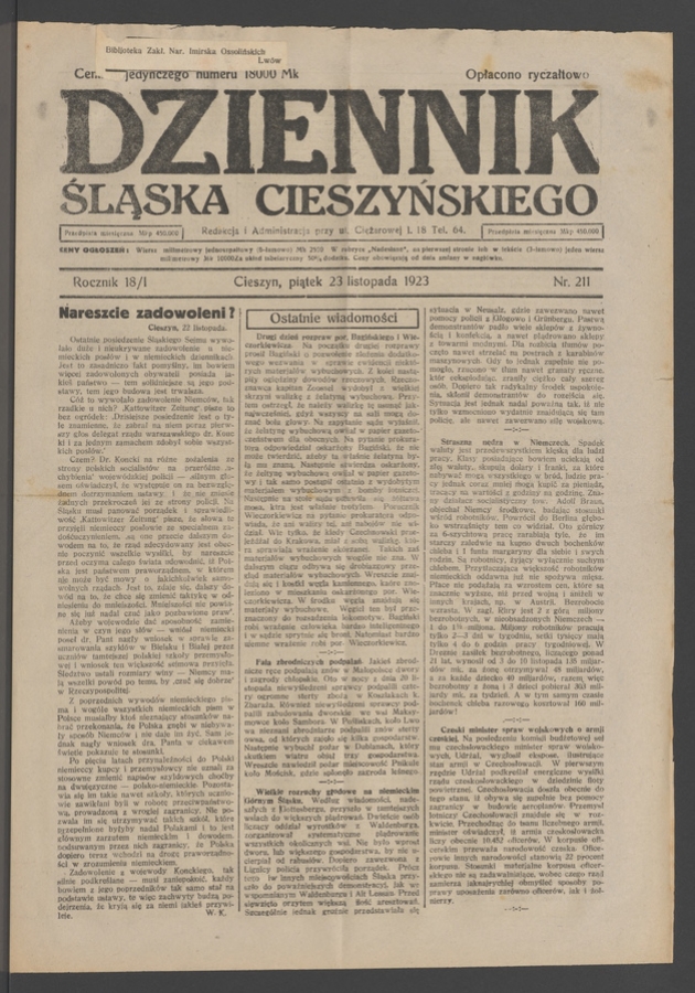 Dziennik Śląska Cieszyńskiego. Rocznik&nbsp;18/1, 1923, numer&nbsp;211