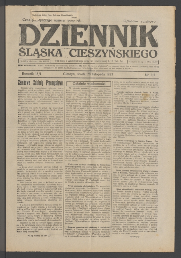 Dziennik Śląska Cieszyńskiego. Rocznik&nbsp;18/1, 1923, numer&nbsp;215