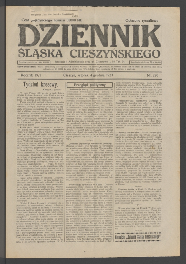 Dziennik Śląska Cieszyńskiego. Rocznik&nbsp;18/1, 1923, numer&nbsp;220