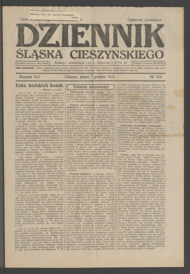 Dziennik Śląska Cieszyńskiego. Rocznik&nbsp;18/1, 1923, numer&nbsp;223