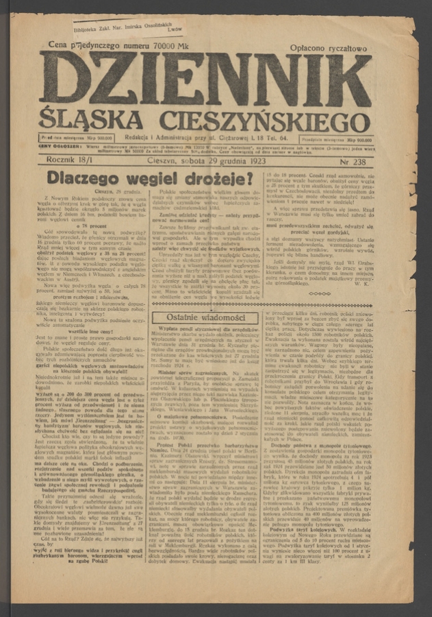 Dziennik Śląska Cieszyńskiego. Rocznik&nbsp;18/1, 1923, numer&nbsp;238