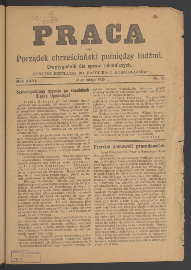 Praca,&nbsp;Czyli Porządek Chrześciański Pomiędzy Ludźmi&nbsp;: dwutygodnik dla&nbsp;spraw robotniczych. Rok&nbsp;26, 1925, numer&nbsp;3