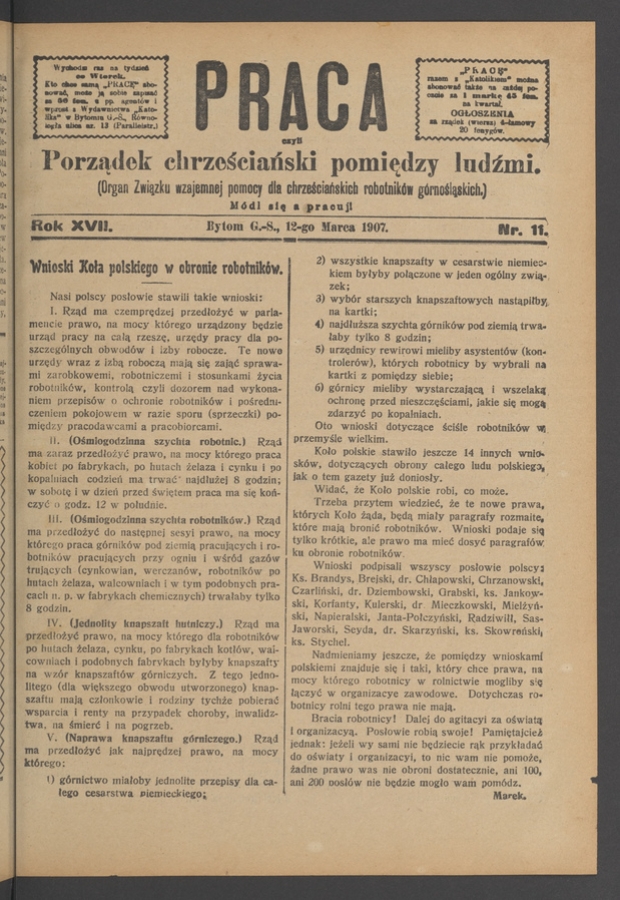 Praca,&nbsp;Czyli Porządek Chrześciański Pomiędzy Ludźmi&nbsp;: organ Związku Wzajemnej Pomocy dla&nbsp;Chrześciańskich Robotnik&oacute;w G&oacute;rnośląskich. Rok&nbsp;17, 1907, numer&nbsp;11