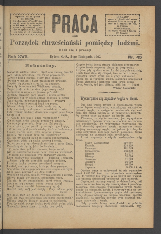 Praca,&nbsp;Czyli Porządek Chrześciański Pomiędzy Ludźmi. Rok&nbsp;17, 1907, numer&nbsp;45