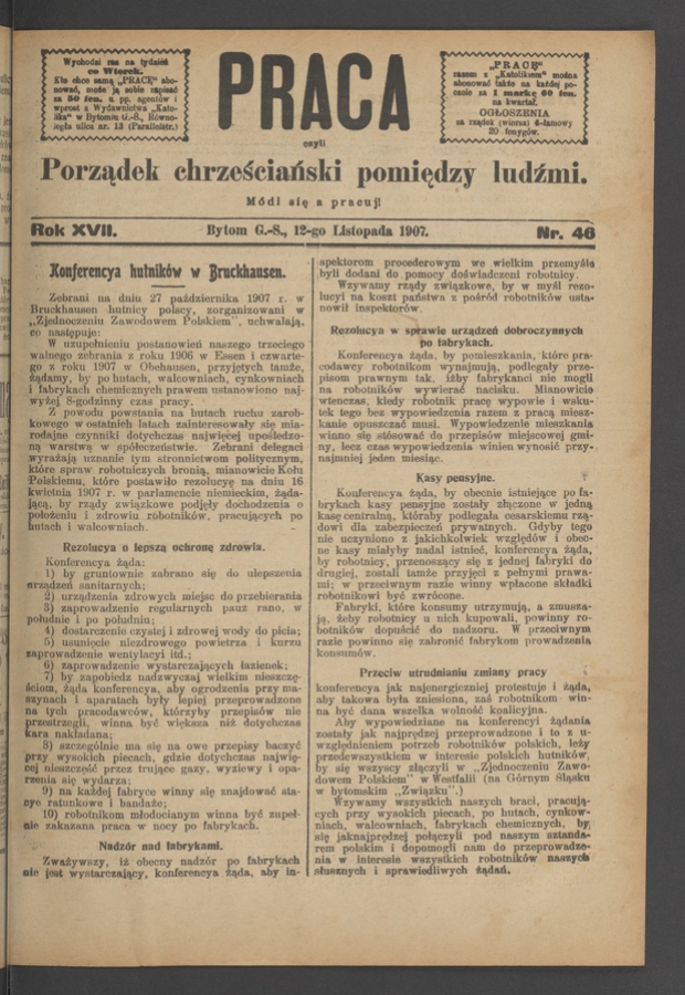 Praca,&nbsp;Czyli Porządek Chrześciański Pomiędzy Ludźmi. Rok&nbsp;17, 1907, numer&nbsp;46