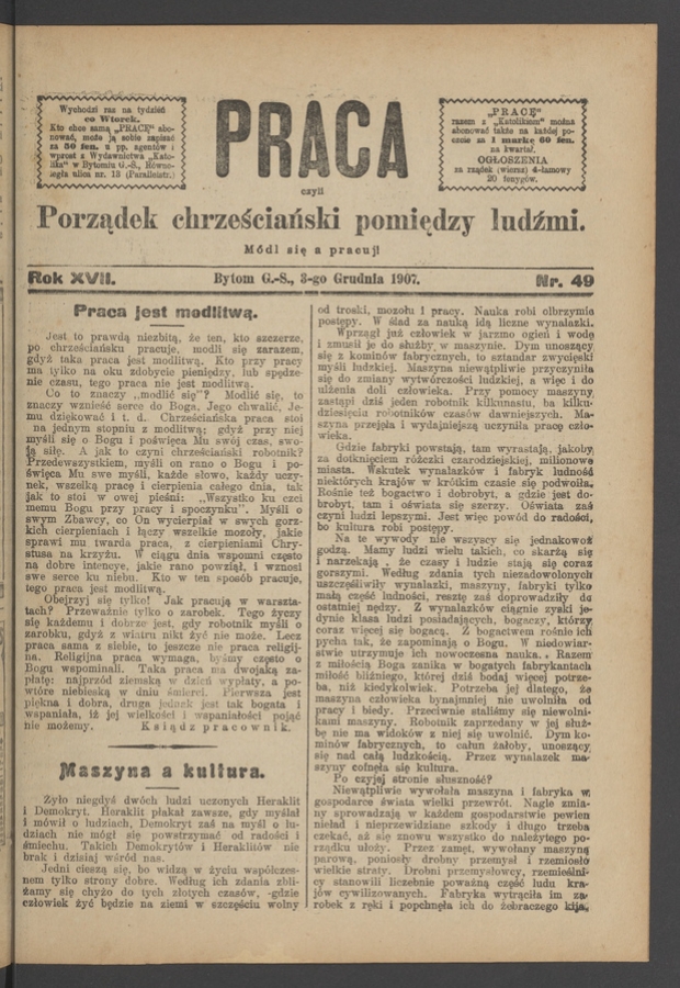 Praca,&nbsp;Czyli Porządek Chrześciański Pomiędzy Ludźmi. Rok&nbsp;17, 1907, numer&nbsp;49