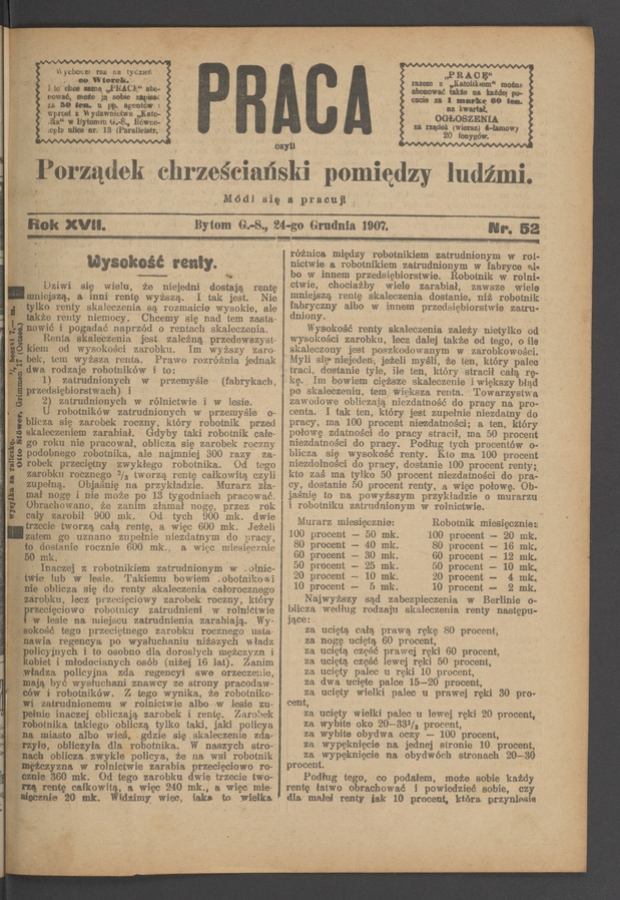 Praca,&nbsp;Czyli Porządek Chrześciański Pomiędzy Ludźmi. Rok&nbsp;17, 1907, numer&nbsp;52