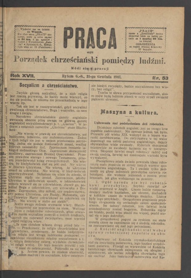 Praca,&nbsp;Czyli Porządek Chrześciański Pomiędzy Ludźmi. Rok&nbsp;17, 1907, numer&nbsp;53