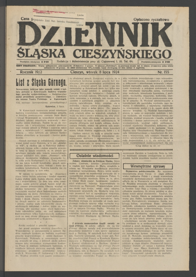 Dziennik Śląska Cieszyńskiego. Rocznik&nbsp;19/2, 1924, numer&nbsp;155