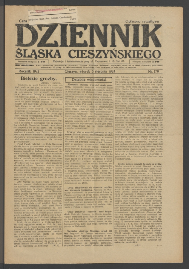 Dziennik Śląska Cieszyńskiego. Rocznik&nbsp;19/2, 1924, numer&nbsp;179