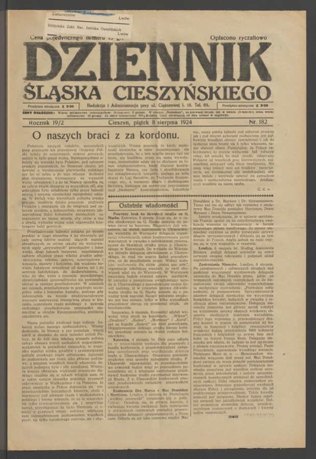 Dziennik Śląska Cieszyńskiego. Rocznik&nbsp;19/2, 1924, numer&nbsp;182