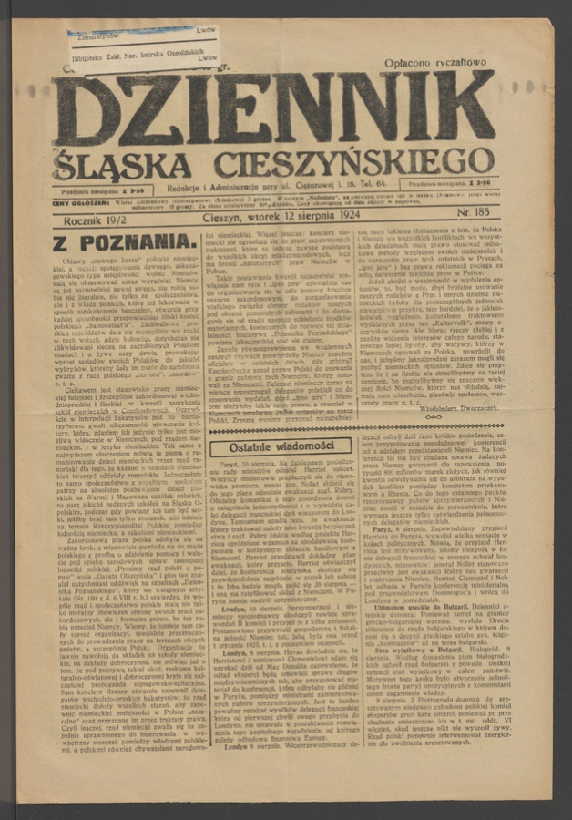 Dziennik Śląska Cieszyńskiego. Rocznik&nbsp;19/2, 1924, numer&nbsp;185