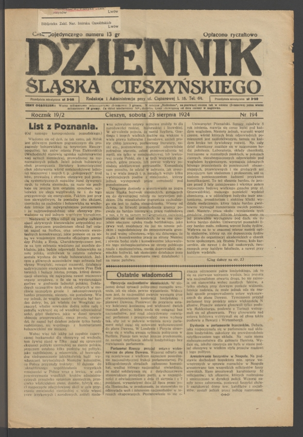 Dziennik Śląska Cieszyńskiego. Rocznik&nbsp;19/2, 1924, numer&nbsp;194