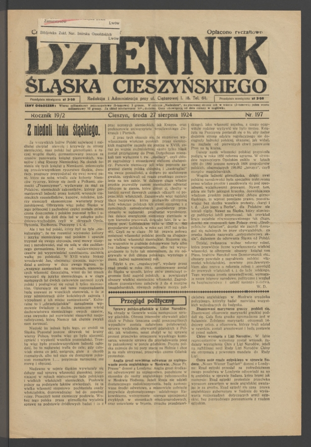 Dziennik Śląska Cieszyńskiego. Rocznik&nbsp;19/2, 1924, numer&nbsp;197