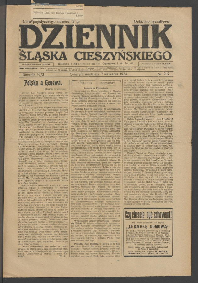 Dziennik Śląska Cieszyńskiego. Rocznik&nbsp;19/2, 1924, numer&nbsp;207