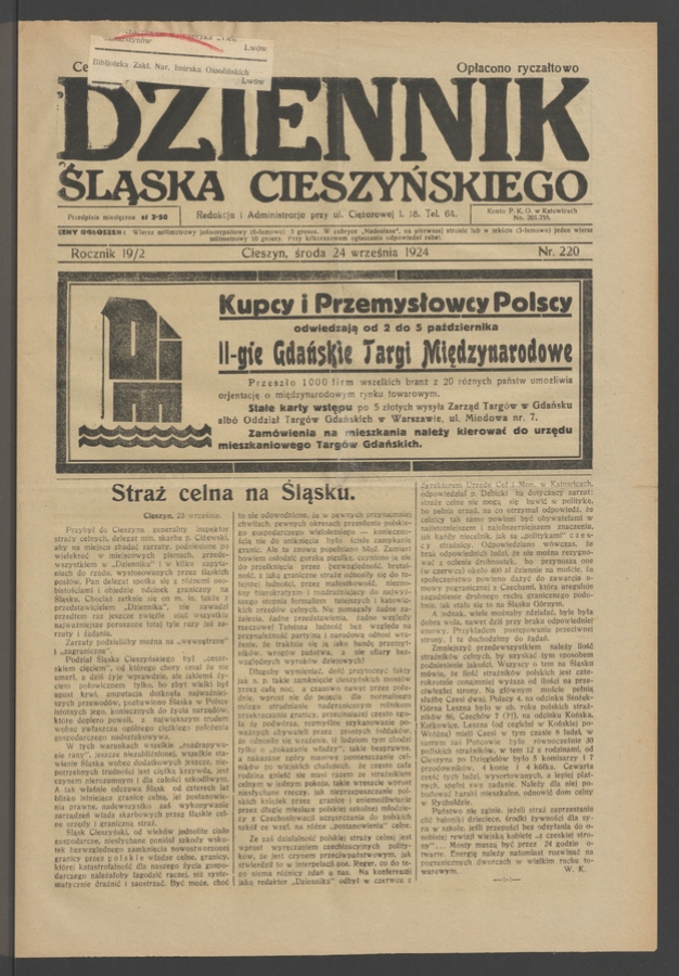 Dziennik Śląska Cieszyńskiego. Rocznik&nbsp;19/2, 1924, numer&nbsp;220