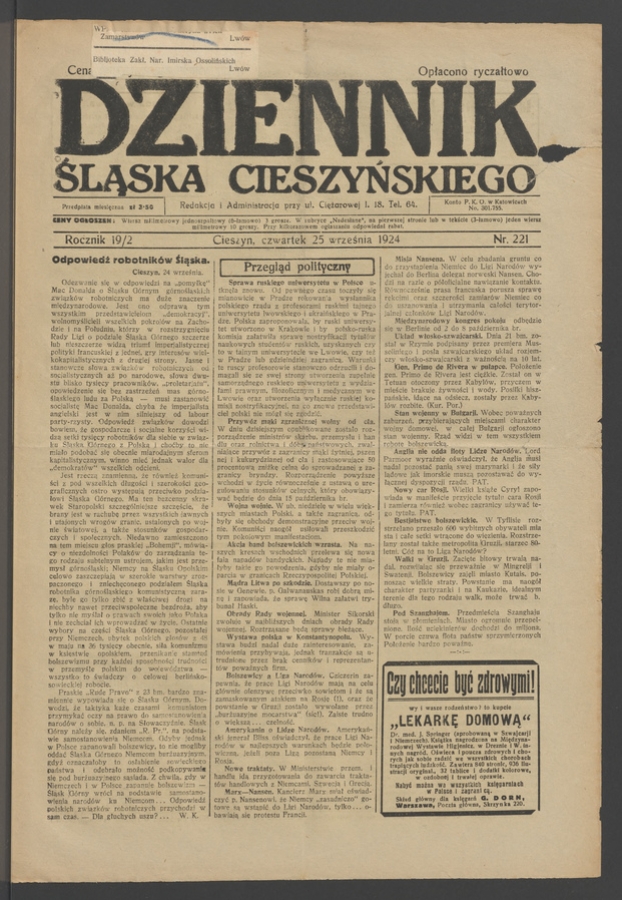 Dziennik Śląska Cieszyńskiego. Rocznik&nbsp;19/2, 1924, numer&nbsp;221