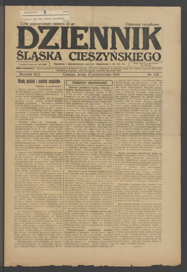 Dziennik Śląska Cieszyńskiego. Rocznik&nbsp;19/2, 1924, numer&nbsp;238