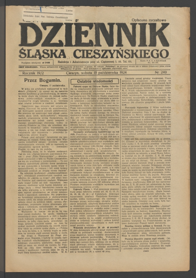 Dziennik Śląska Cieszyńskiego. Rocznik&nbsp;19/2, 1924, numer&nbsp;240