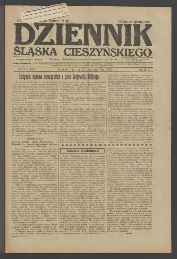 Dziennik Śląska Cieszyńskiego. Rocznik&nbsp;19/2, 1924, numer&nbsp;249