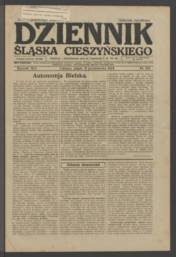 Dziennik Śląska Cieszyńskiego. Rocznik&nbsp;19/2, 1924, numer&nbsp;251