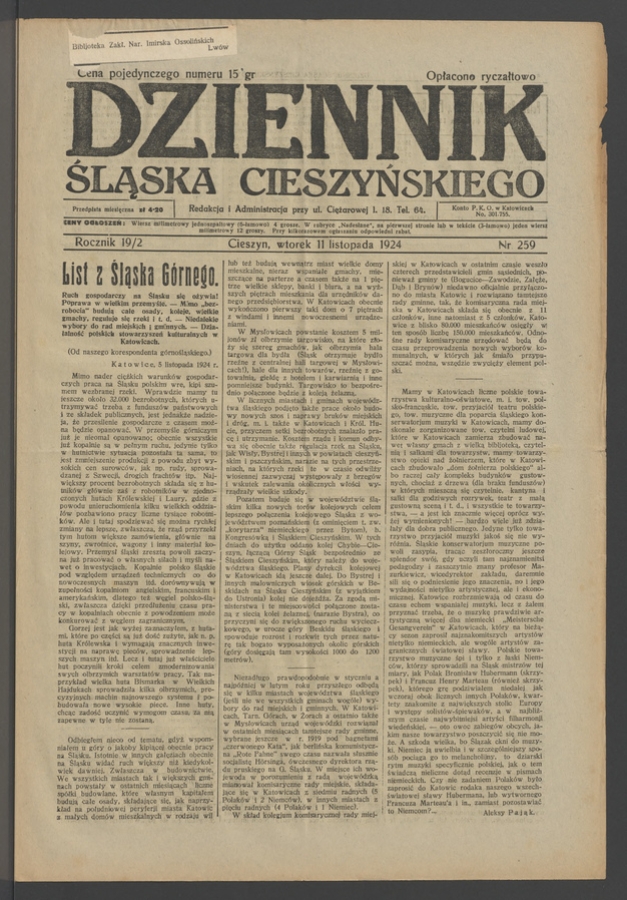 Dziennik Śląska Cieszyńskiego. Rocznik&nbsp;19/2, 1924, numer&nbsp;259