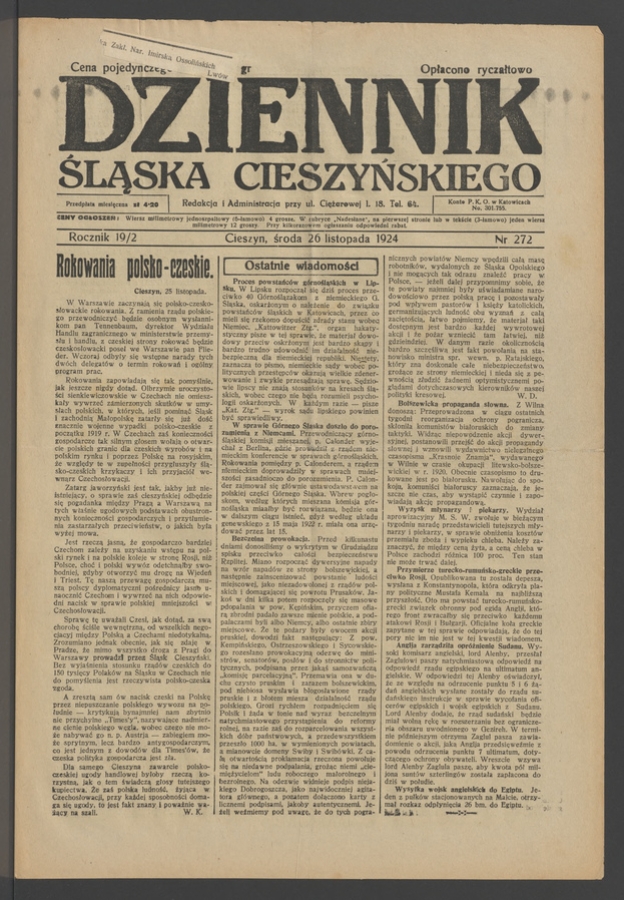 Dziennik Śląska Cieszyńskiego. Rocznik&nbsp;19/2, 1924, numer&nbsp;272