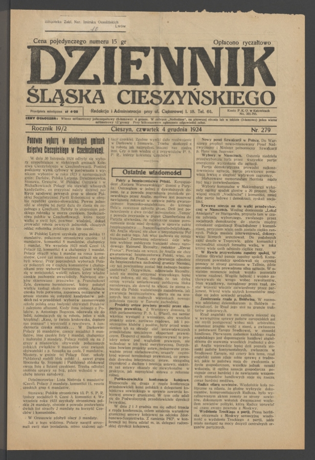 Dziennik Śląska Cieszyńskiego. Rocznik&nbsp;19/2, 1924, numer&nbsp;279