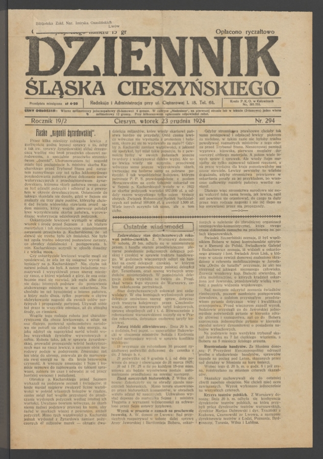 Dziennik Śląska Cieszyńskiego. Rocznik&nbsp;19/2, 1924, numer&nbsp;294
