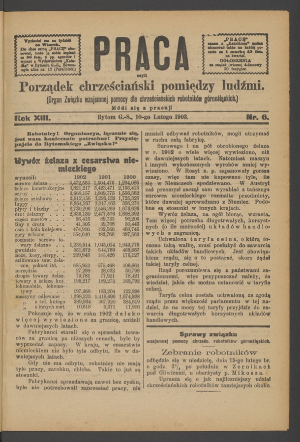 Praca,&nbsp;Czyli Porządek Chrześciański Pomiędzy Ludźmi&nbsp;: organ Związku Wzajemnej Pomocy dla&nbsp;Chrześciańskich Robotnik&oacute;w G&oacute;rnośląskich. Rok&nbsp;13, 1903, numer&nbsp;6