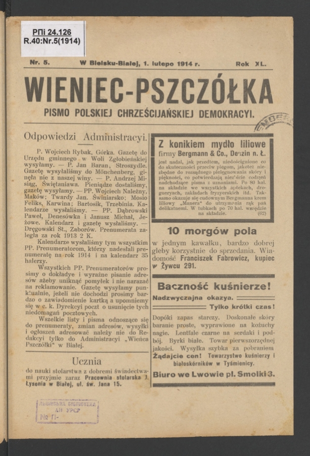 Wieniec-Pszcz&oacute;łka&nbsp;: pismo polskiej chrześcijańskiej demokracyi. Rok&nbsp;40, 1914, numer&nbsp;5