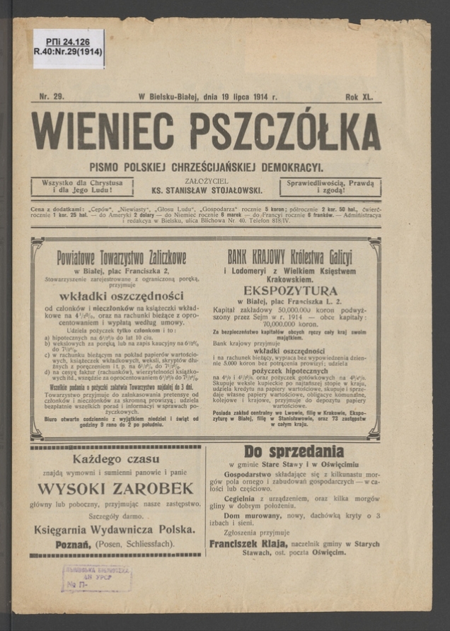 Wieniec-Pszcz&oacute;łka&nbsp;: pismo polskiej chrześcijańskiej demokracyi. Rok&nbsp;40, 1914, numer&nbsp;29