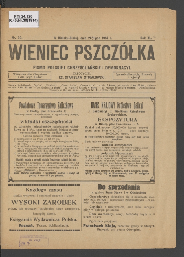 Wieniec-Pszcz&oacute;łka&nbsp;: pismo polskiej chrześcijańskiej demokracyi. Rok&nbsp;40, 1914, numer&nbsp;30