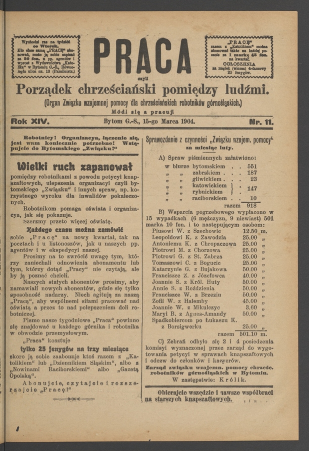 Praca,&nbsp;Czyli Porządek Chrześciański Pomiędzy Ludźmi&nbsp;: organ Związku Wzajemnej Pomocy dla&nbsp;Chrześciańskich Robotnik&oacute;w G&oacute;rnośląskich. Rok&nbsp;14, 1904, numer&nbsp;11