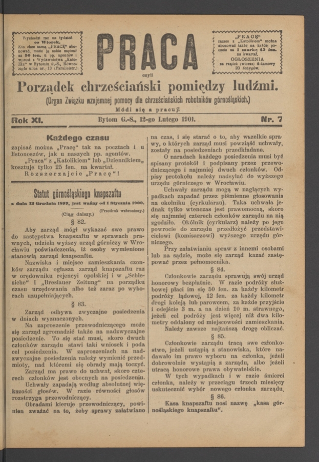 Praca,&nbsp;Czyli Porządek Chrześciański Pomiędzy Ludźmi&nbsp;: organ Związku Wzajemnej Pomocy dla&nbsp;Chrześciańskich Robotnik&oacute;w G&oacute;rnośląskich. Rok&nbsp;11, 1901, numer&nbsp;7