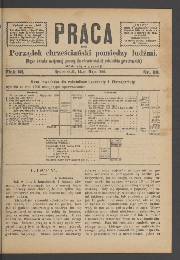 Praca,&nbsp;Czyli Porządek Chrześciański Pomiędzy Ludźmi&nbsp;: organ Związku Wzajemnej Pomocy dla&nbsp;Chrześciańskich Robotnik&oacute;w G&oacute;rnośląskich. Rok&nbsp;11, 1901, numer&nbsp;20