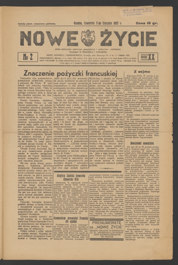 Nowe Życie&nbsp;: pismo polityczne, społeczne, gospodarcze i&nbsp;kulturalno-oświatowe. Rok&nbsp;20, 1937, numero&nbsp;2