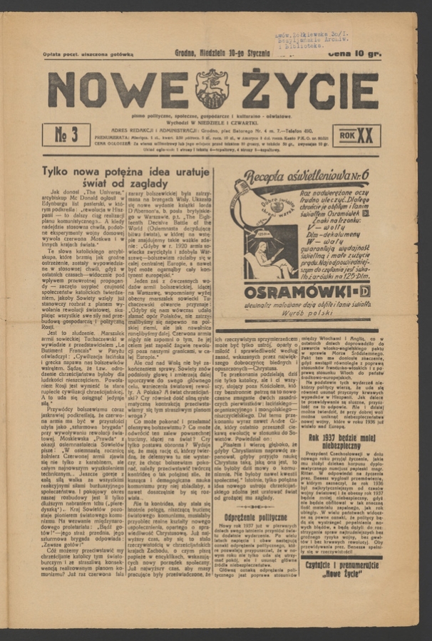 Nowe Życie&nbsp;: pismo polityczne, społeczne, gospodarcze i&nbsp;kulturalno-oświatowe. Rok&nbsp;20, 1937, numero&nbsp;3