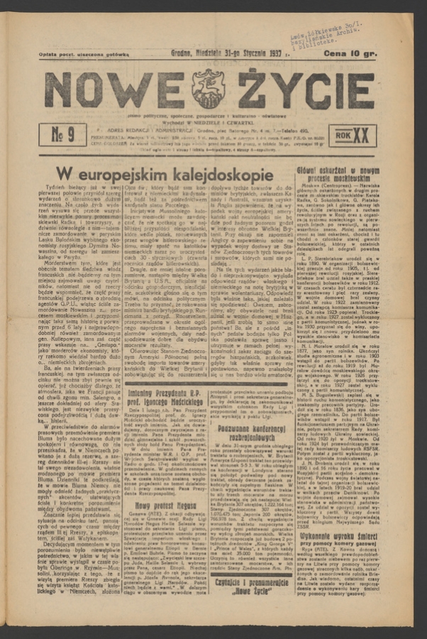 Nowe Życie&nbsp;: pismo polityczne, społeczne, gospodarcze i&nbsp;kulturalno-oświatowe. Rok&nbsp;20, 1937, numero&nbsp;9
