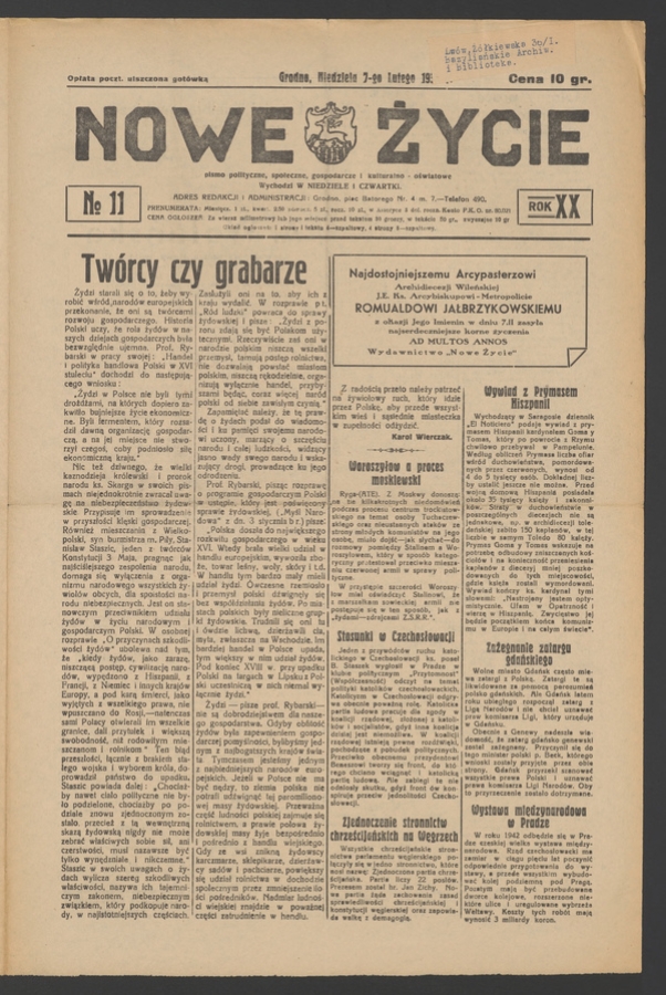 Nowe Życie&nbsp;: pismo polityczne, społeczne, gospodarcze i&nbsp;kulturalno-oświatowe. Rok&nbsp;20, 1937, numero&nbsp;11
