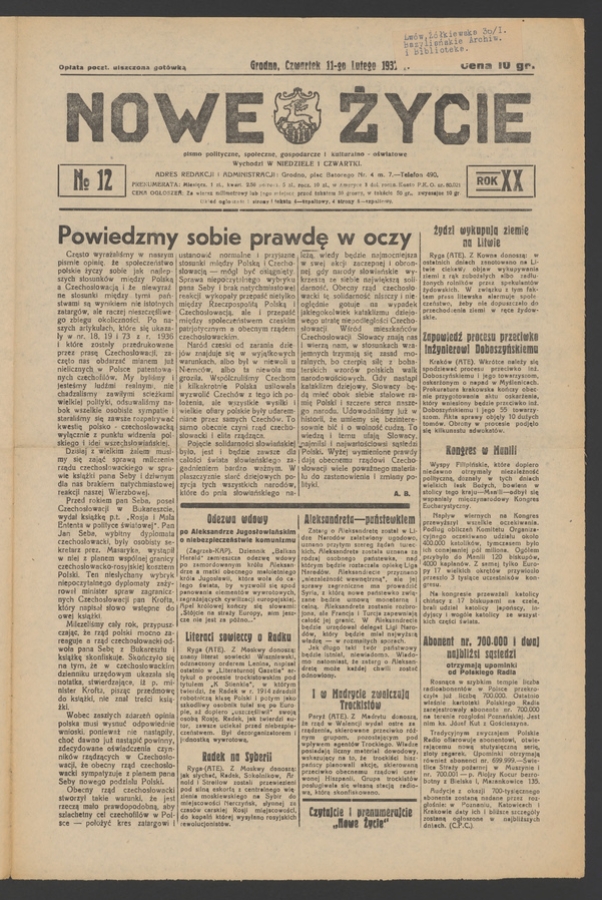 Nowe Życie&nbsp;: pismo polityczne, społeczne, gospodarcze i&nbsp;kulturalno-oświatowe. Rok&nbsp;20, 1937, numero&nbsp;12